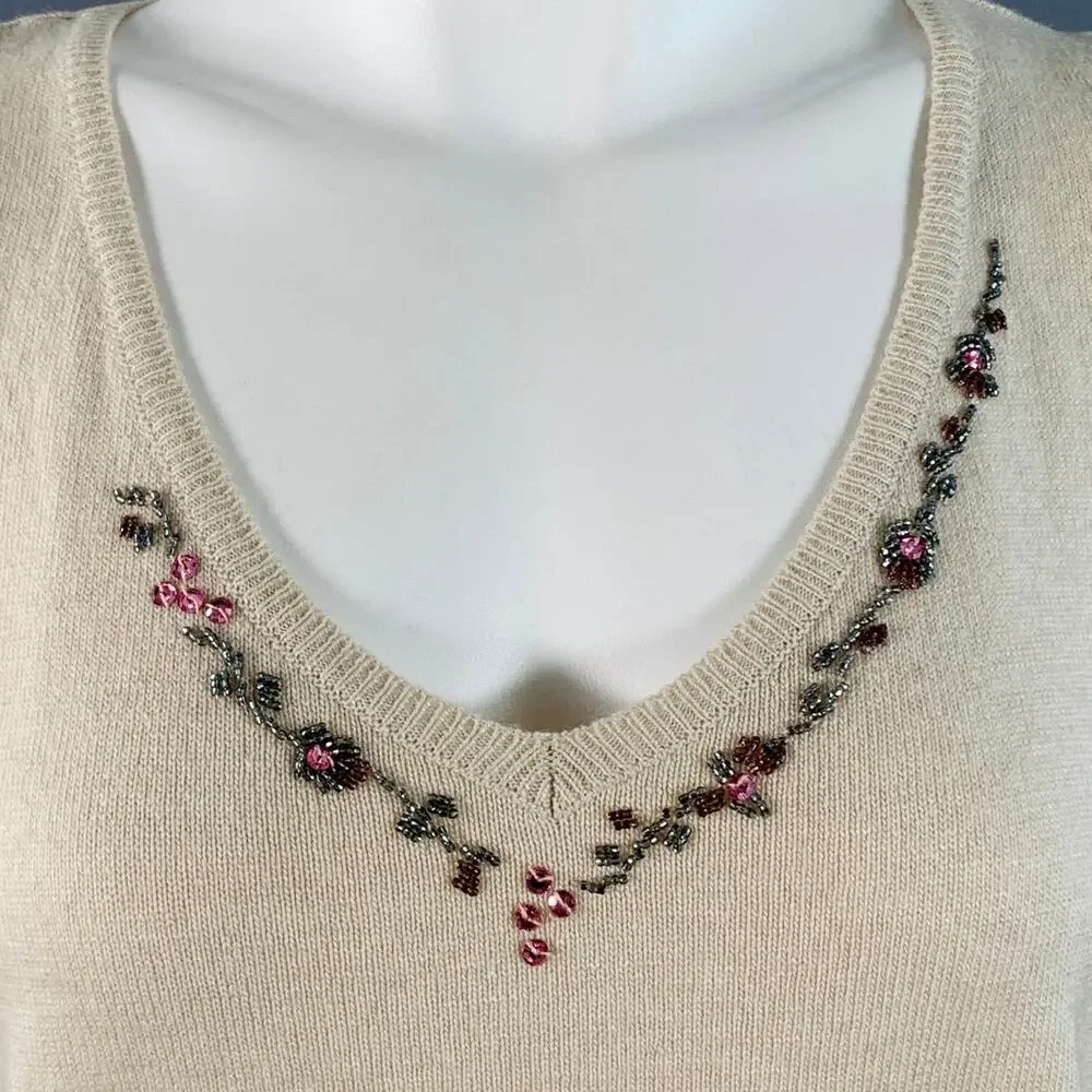 BLUMARINE Size 6 Beige Multi Color Rayon Cashmere Blend Beaded Cardigan Set - Picture 6 of 9